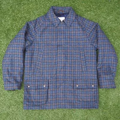 House Of Bruar Tweed Check Plaid Blue Brown Wool Mens Coat Size UK Large HBM-168 • £89.99