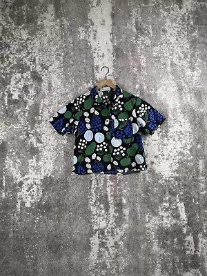 Uniqlo Marimekko Shirt XS Womens Blue Crop Fruit Vegetation Print Button Up Top • $16.99