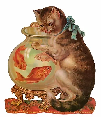 Vintage Victorian Die Cut -- Cat Peering Into Goldfish Bowl • $24.95