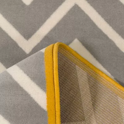 Silver Grey Yellow Bordered Zig Zag Rug Soft Chevron Living Room Rugs CLEARANCE • £14.95