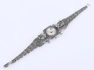 Beautiful Lion Design Marcasite Simulated Ruby Sterling Silver Wristwatch #17210 • $428.28