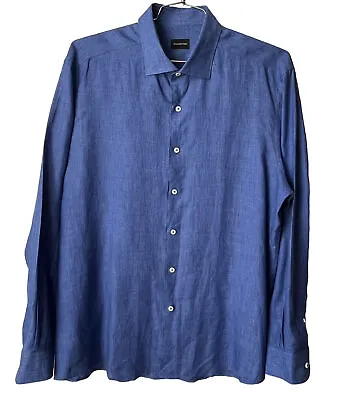 Ermenegildo Zegna Shirt Mens 2XL XXL 100% Linen Button Up Dark Blue Classic EUC • $59.99