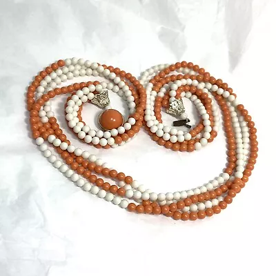 VTG JAPAN White Peach Orange Multi Strand BEAD NECKLACE Box Clasp Cabochon 28  • $17.95