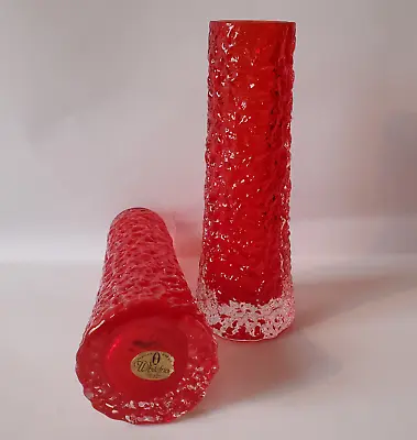 £190 • Buy Pair Of Whitefriars Geoffrey Baxter Ruby Red Cylindrical Bark Vases Pattern 9729