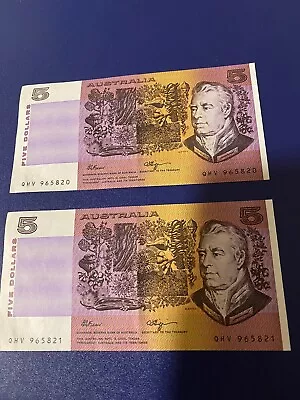 Australian 2 X $5.00 UNC Banknotes Fraser/Higgins Consecutive • $69