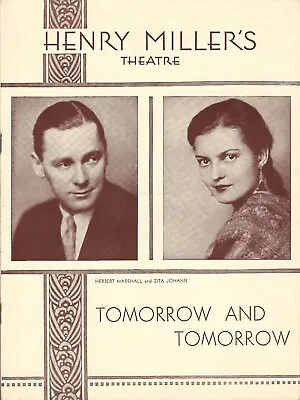 Herbert Marshall  TOMORROW And TOMORROW  Zita Johann / Philip Barry '31 Playbill • $67.92