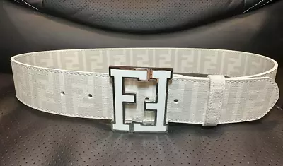 FENDl White Monogram Unisex Belt Has White Buckle With Silver Trim • $125