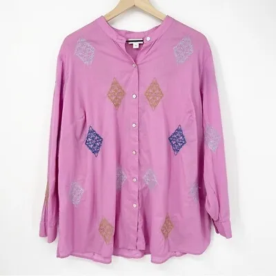 J. Jill Embroidered Blouse Size 2X Pink Lightweight Tunic Side Slit Long Sleeve • $19.92