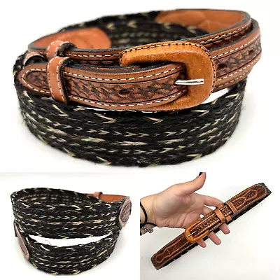 Vintage 90s Justin 0952N Basket Weave Tooled Leather Braided Horse Hair Belt 34 • $48