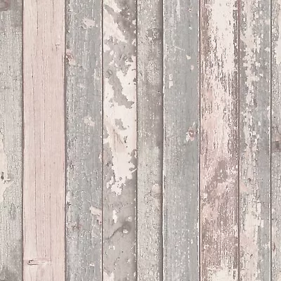 Rustic Distressed Elm Wood Plank Effect Light Pink Grey Realistic Wallpaper • £9.99
