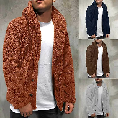 Mens Fuzzy Sherpa Jacket Hoodie Fluffy Fleece Open Front Cardigan Button Coat • $22.21