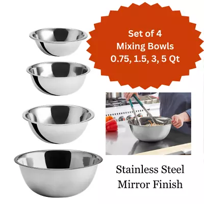 Stainless Steel Mixing Bowls Set Of 4 Bowl 0.75 1.5 3 5 Qt Cooking Prepping • $17.95