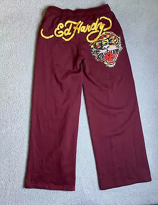 Ed Hardy Sweatpants Womens Large Back Lion Graphic Burgundy Y2K Hipster Casual • £56.75