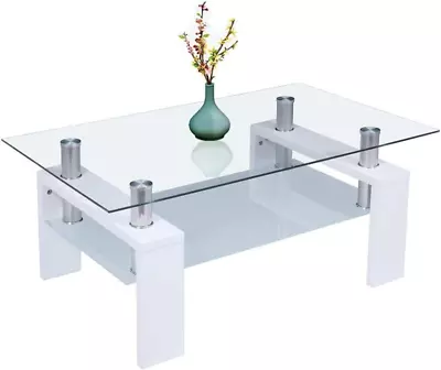 Rectangle Glass Coffee TableModern Side Coffee Table With Lower Shelf Wooden Le • $129.99