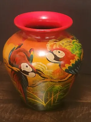 Vintage Vase Parrots Fronds And Palms Handpainted Peru Colorful 7  Tall • $28.49