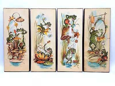 Vintage 1970s Bathing Frogs Bathroom Plaques Set Of 4 Coby Wall Art Mid Century • $34