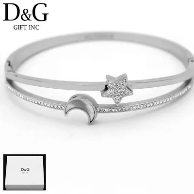 DG Women's 6.5  Silver Stainless-Steel CZ Bangle Star Moon Charm Bracelet*Box  • $16.95