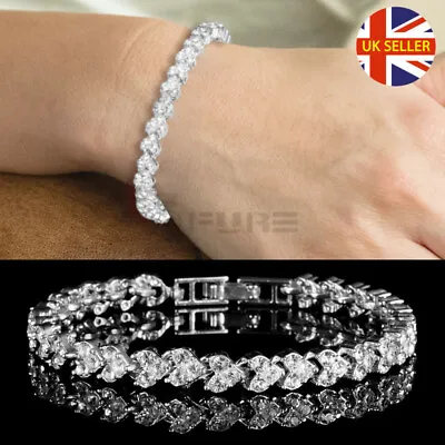 £3.99 • Buy New Sterling Silver Plated Crystal Chain Tennis Bracelet Women Charm Cuff Bangle