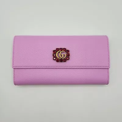 New Gucci Pink Leather Long Flap Wallet With Red Crystal GG Flower 499779 5871 • $394.79