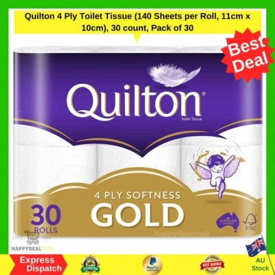 Toilet Paper 30 Rolls Quilton 4 Ply White Soft Tissue Bulk Quilton Gold-Softness • $31.99