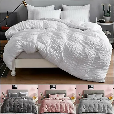 Seersucker Duvet Cover Set 100% Egyptian Cotton Bedding Sets Double King Size • £20.99