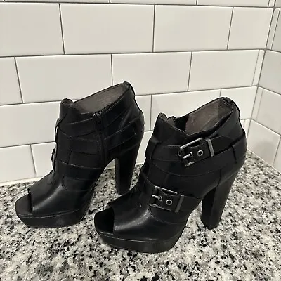 MISS SIXTY KAMILLE Black Italian Leather Side Zip Open High Heel Boots Sz 37.5 • $45