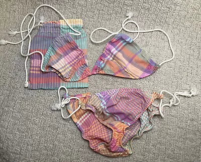 Polo Ralph Lauren Madras Plaid 2 Pc Bikini Swimsuit Womens L Vintage Adjustable • £115.26