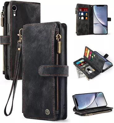 IPhone XR Case Card Holder Slots Wallet Flip Wristlet Zipper Stand Shockproof • £9.99