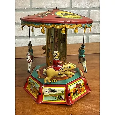 Vintage Tin Litho Toy Windup Musical Carousel German? Horse & Pigs • $149.99