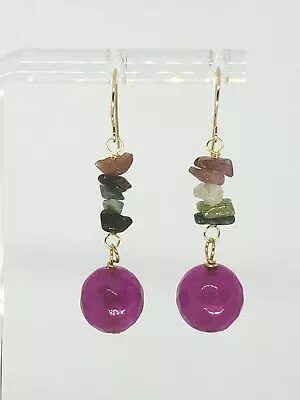 14k Yellow Gold Pink Fuchsia Jade And Tourmaline Drop Dangle Earrings • $54.99