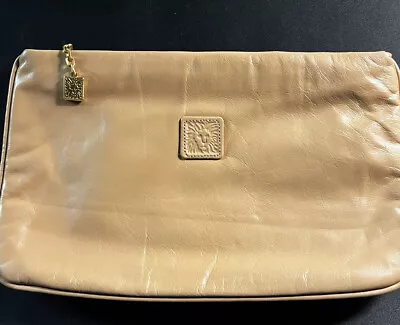 Anne Klein For Calderon Clutch Tan Leather Pouch Vintage Zip Top • $22