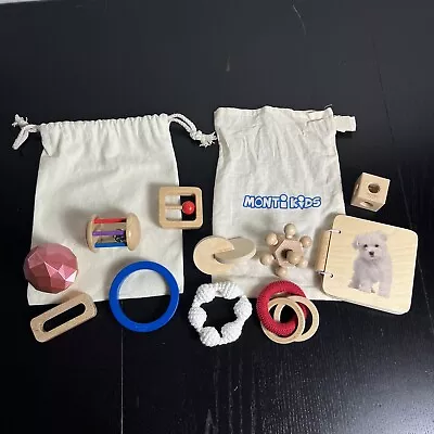 MONTI KIDS Wooden/Wood Assorted Baby Toys & Book Lot W/Bags Waldorf/Montessori • $31.50