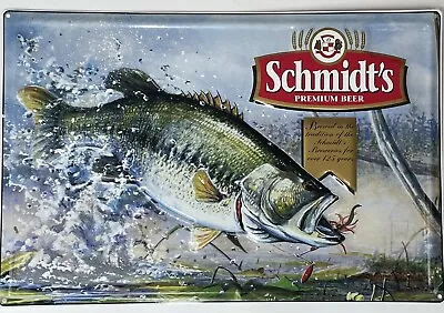 Schmidt's Premium Beer Sign 18x12 Metal Bar Wall 3D Fish Bass Fishing Vtg PRSTNE • $64.50