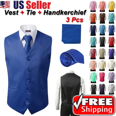 SET Vest Tie Hankie Fashion Men's Formal Dress Suit Slim Tuxedo Waistcoat Coat • $22.99