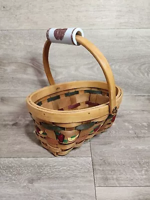 Vintage Small Wooden Woven Basket W/ Hand Painted Apples Porcelain Handle  • $15