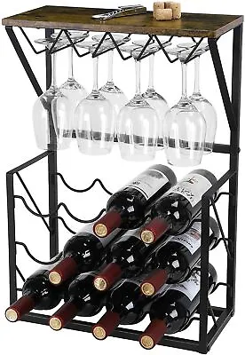 Wine Rack Freestanding 12 Bottles Holder Wine Storage Shelf W/ Glasses Holder • $28.99