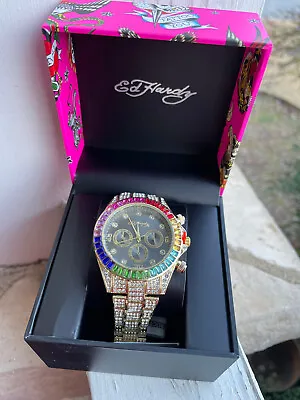 ED HARDY Unisex Quartz Rainbow Crystals Gold-Tone Strap Wristwatch- NIB • $68.75