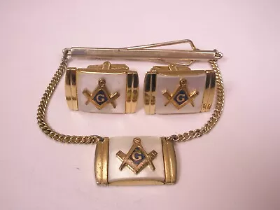 Masonic Mother Of Pearl Vintage Cuff Links & Tie Bar Clip Scottish Rite Shriners • $43.49