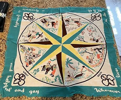 Vintage Girl Scouts Brownie USA Slogan Compass Bandana Scarf 1950’s 24” X 23” • $25