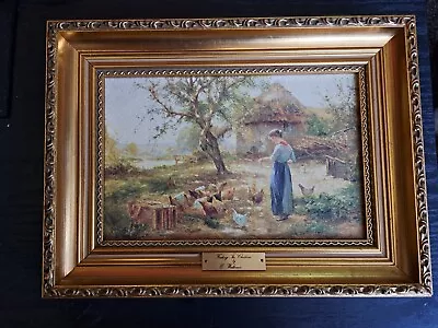 Ernest Walborne - Feeding The Chickens Antique Oil Painting • £500