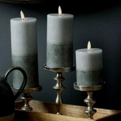 £14.99 • Buy GREY LED PILLAR CANDLE Real Wax Glow Flame With Timer & BATTERIES Choose Size