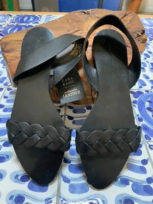 $10 • Buy Zara Black Woven Leather Sling Back Flat Sandal