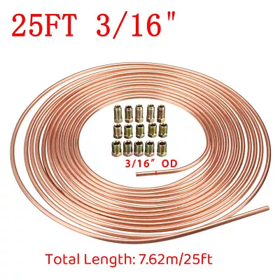 25 Ft. Roll Coil Of 3/16  OD Copper Brake Line Tubing Kit With 15pcs Fittings • $16.99