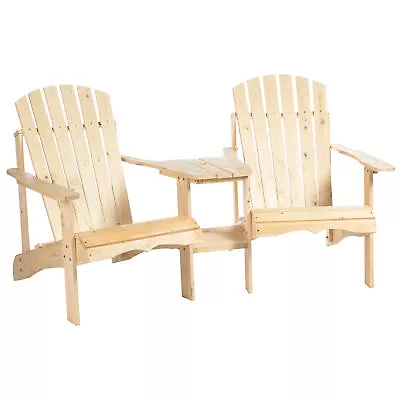 Wooden Double Adirondack Chairs Loveseat & Center Table & Umbrella Hole Natural • £126.99