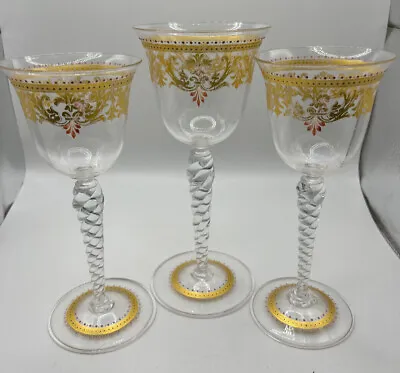 Moser Type Bohemian Hand Enameled & Raised Gold (1) Wine Glass + (2) Cordials • $100