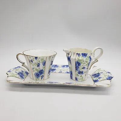 Royal Albert Blue Pansy Chintz Tea Cup Creamer & Tray Crown China England • $57.99