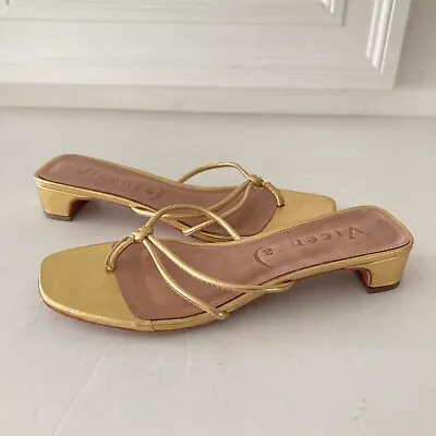 Vicenza Anthropologie Strappy Low Heels Gold Leather Thong Sz 10/41 NWOT • $80