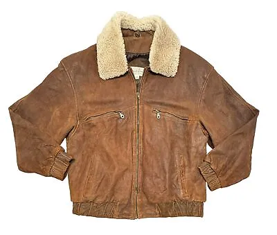 ARIZONA JEAN Leather BOMBER JACKET Distressed Brown SHERPA COLLAR Men’s Sz L • $35