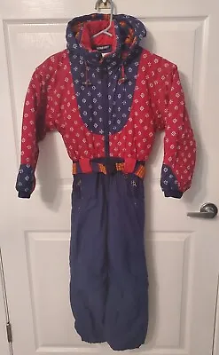 Vintage Obermeyer One Piece Ski Suit Snow Bib Dark Pink Blue Junior Child Size 8 • $74.99