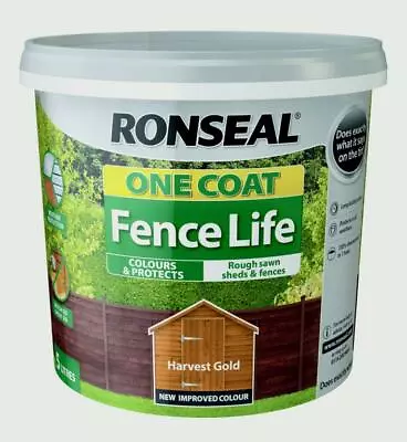 Ronseal One Coat Fence Life Garden Shed Fence Outdoor Wood Paint Harvest Gold 5L • £12.44